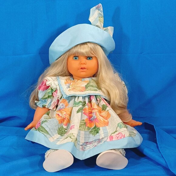 Vintage 1980s Zapf Balica Creation Baby Toddler Doll With Floral Dress/Blue Hat - Picture 14 of 16